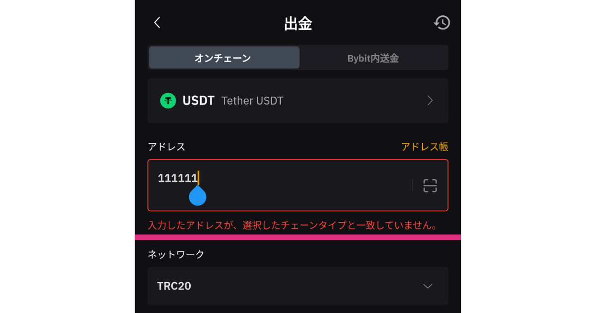 Bybitの出金アドレス入力に誤りがあると出金できない