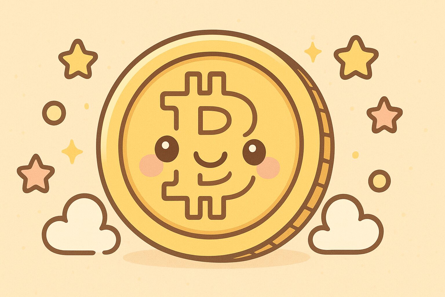 笑顔の顔が描かれたビットコインのキャラクターが中央に配置され、周囲に雲や星が浮かぶポップでかわいらしいイラスト