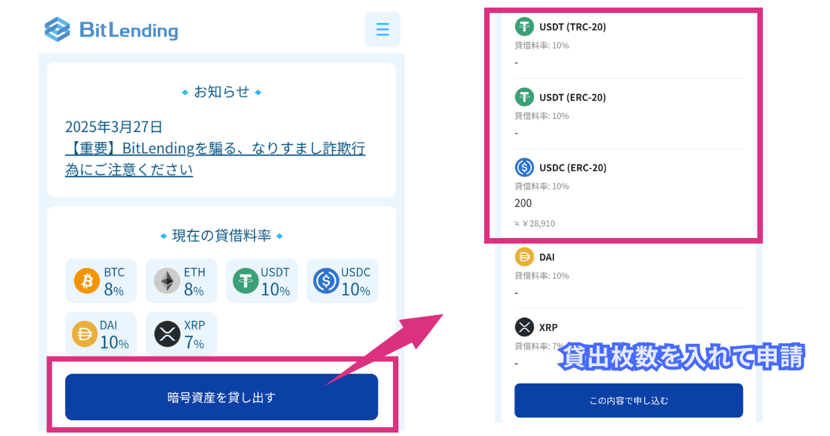 高利率貸出】BitLendingにUSDT・USDCを送金して始める方法を解説