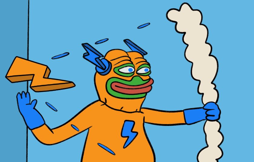 オレンジのスーツに稲妻マークを付けたキャラクターが、片手に稲妻型のオブジェクトを持ち、もう片方の手で白い煙の柱のようなものを支えているコミカルなイラスト