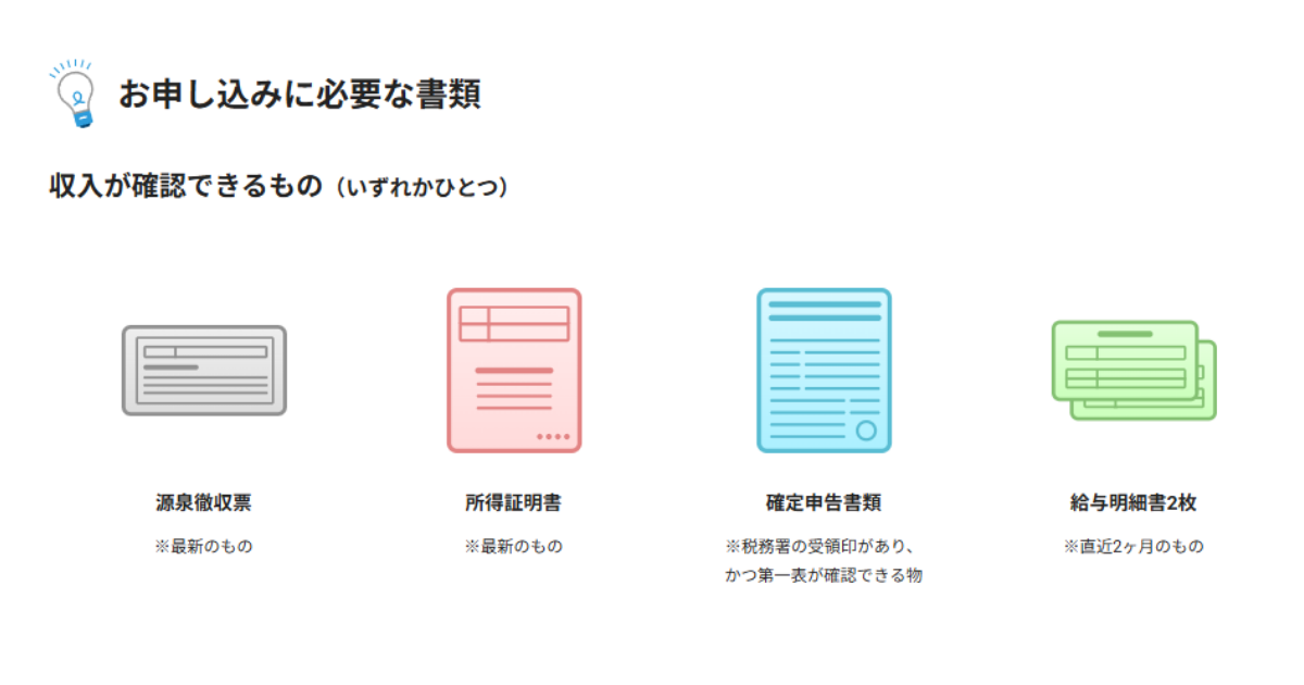 最新の源泉徴収票、最新の所得証明書、確定申告書、直近給与明細2枚のいずれかを提出します。